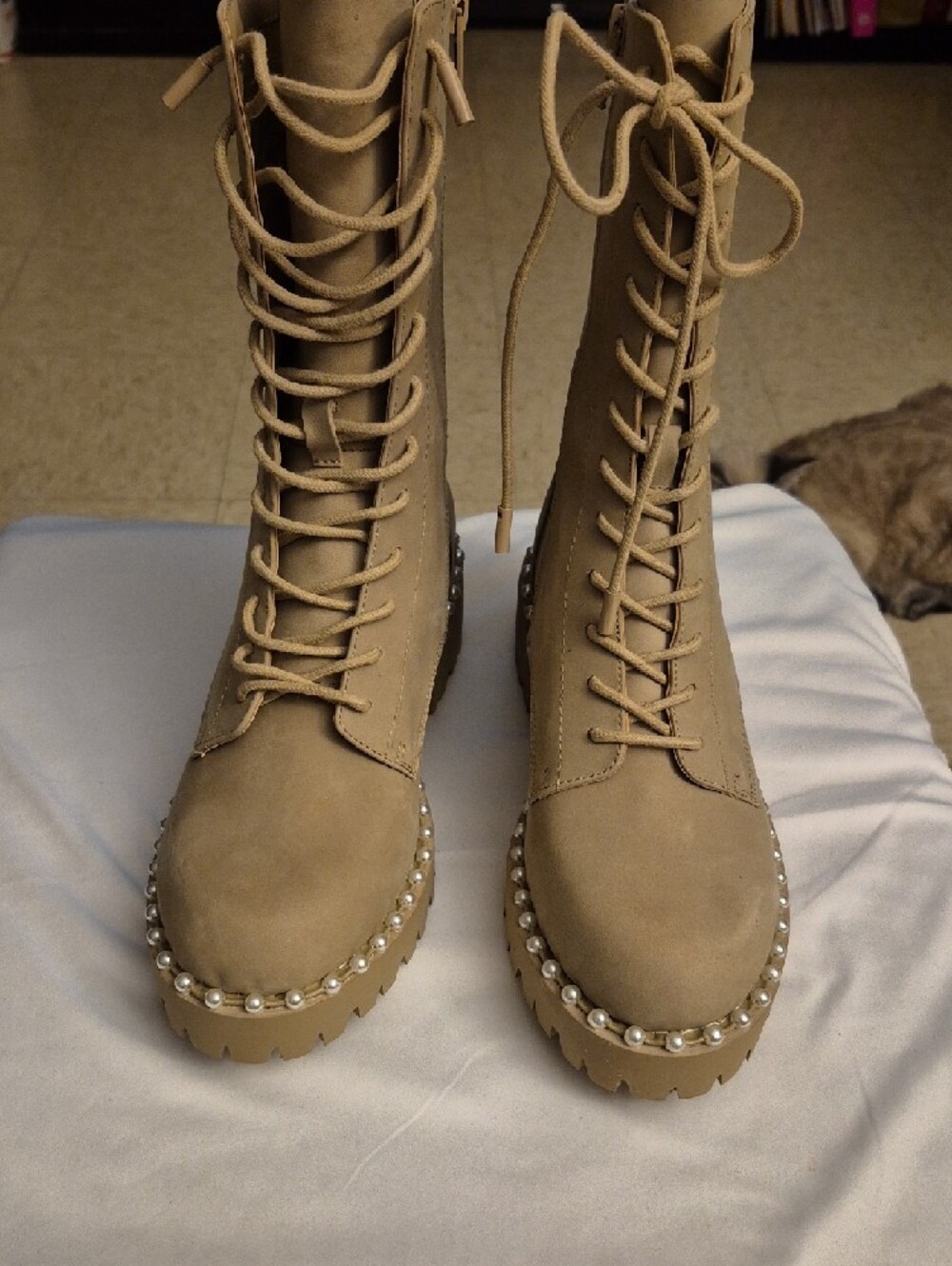 Steve Madden Neutral Tan Lace-Up Combat Boots with Rhinestone Trim - Picture 3 of 8